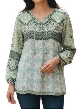 ZOZO Green Boho Print Tunic Top Tassel Tie V Neck Hi-low Hem